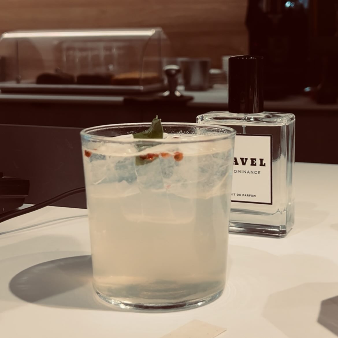 Specialty drink and ceramic cup on the counter